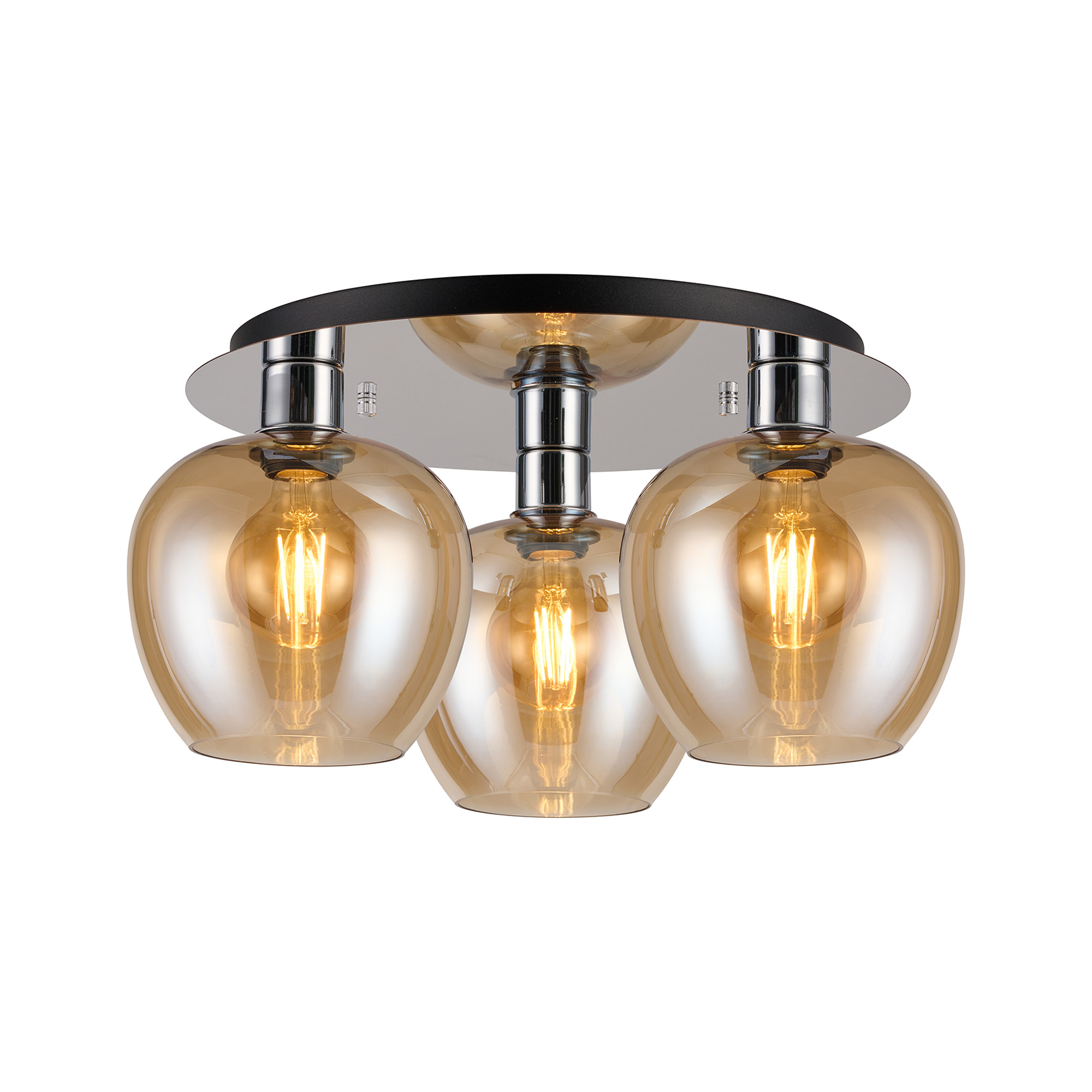 DK1346  Lori 40cm Round Ceiling Flush, 3 Light Flush Fitting, Polished Chrome/Amber Wine Shades